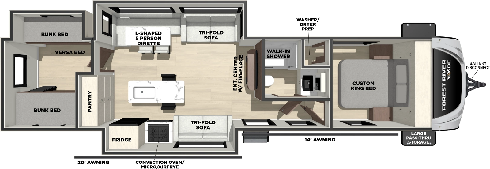 The Vibe 3400BH floorplan has one entry and three slide outs. Exterior features include: fiberglass exterior and 14' awning. Interiors features include: bunk beds, kitchen island and front bedroom.